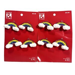 Lot of 2, 4 PC mini Christmas ornament 2.3"‎ wide shatterproof rainbow & clouds